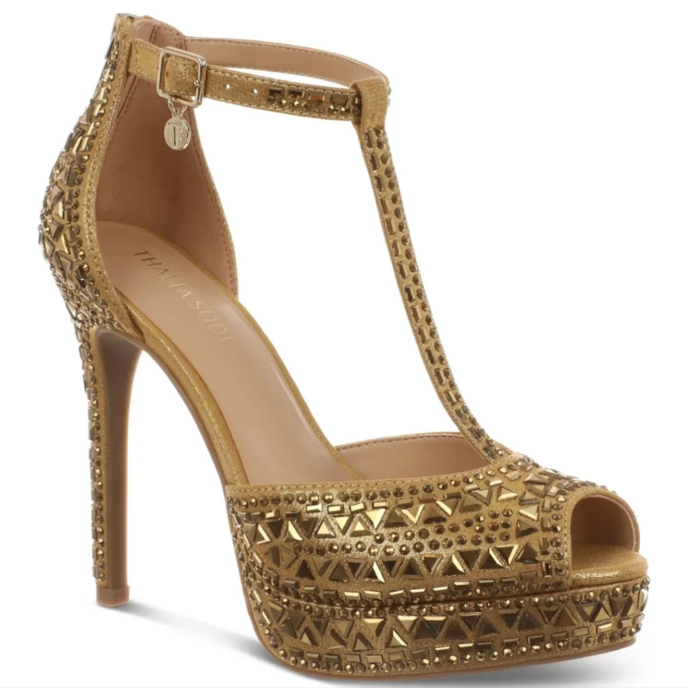 Thalia Sodi Gold Embellished T-Strap Platform Heels